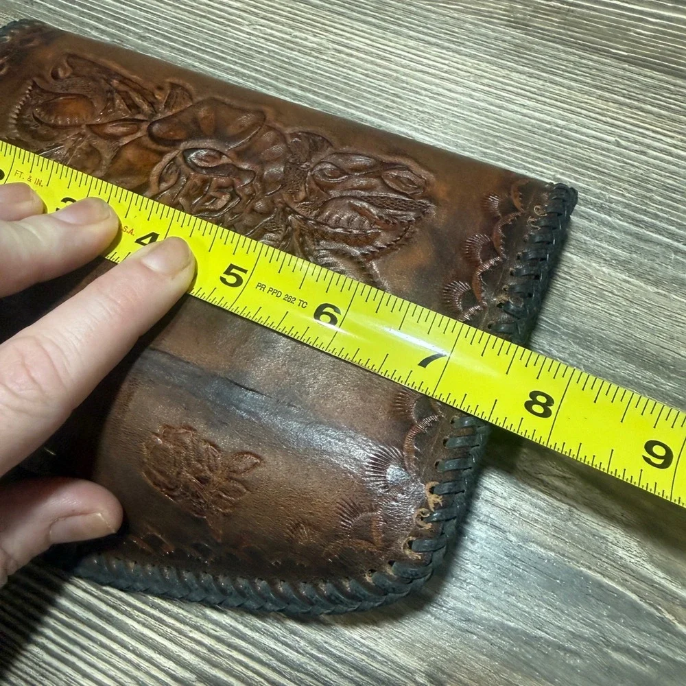 Vintage Hand Tooled Leather Floral Clutch Wallet Brown Whipstitch Western Boho